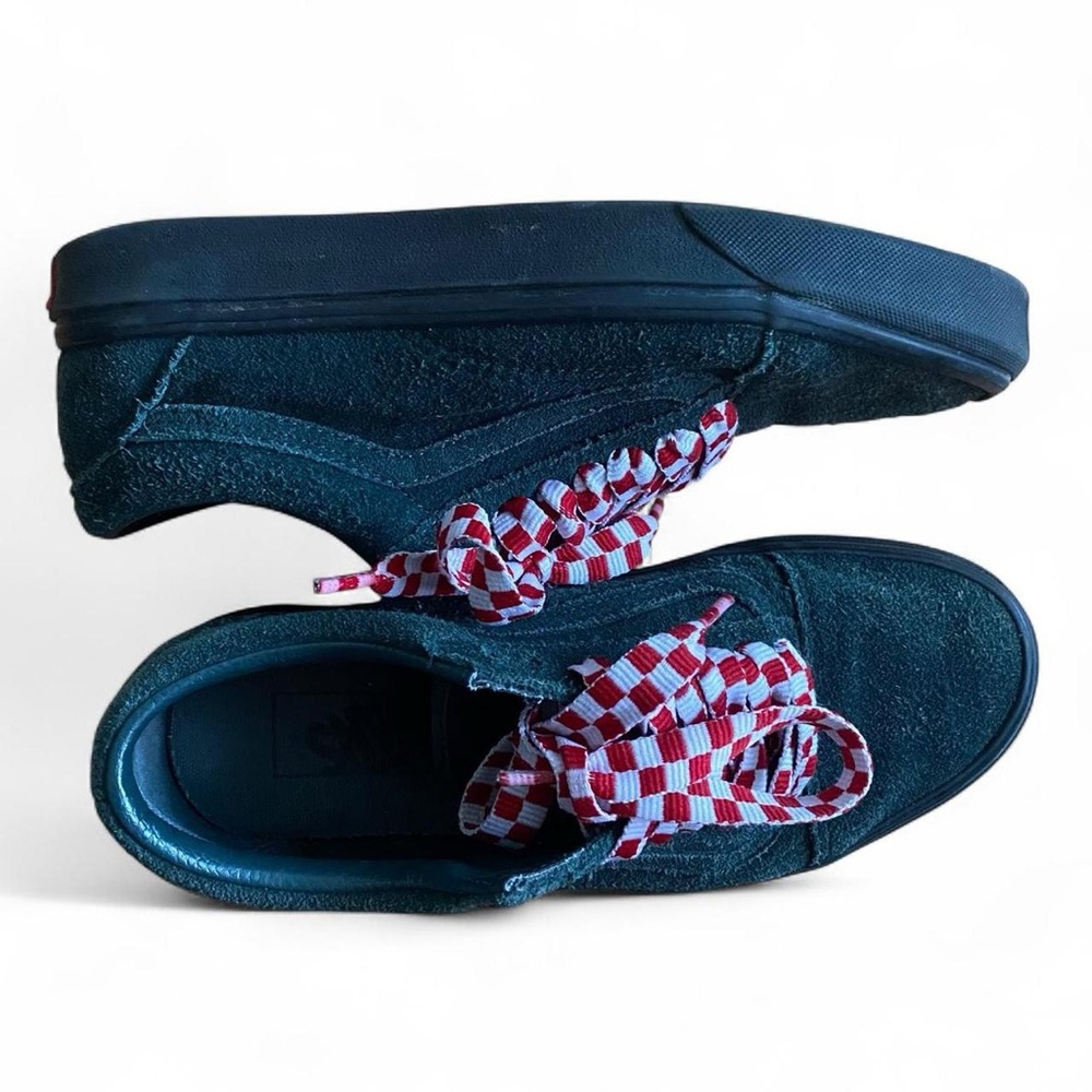 Vans Forest Green Suede Shoes with Red & White Checkerboard Laces